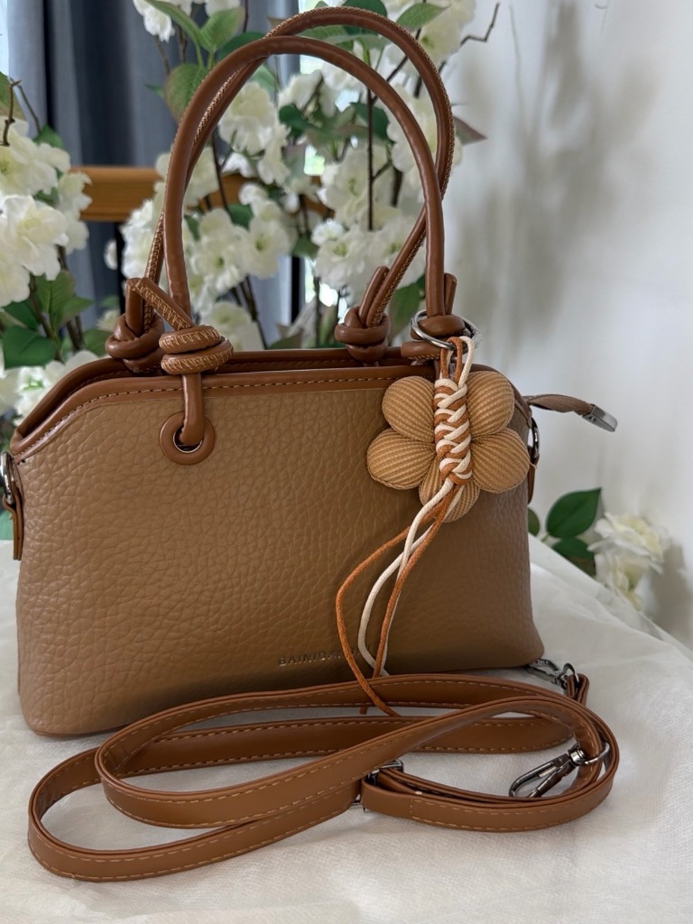Classic Tan Leatherette Satchel Handbag with Floral Charm